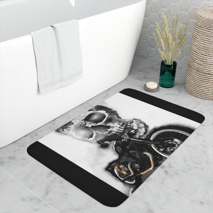 Motorcycle Bath Mat, Motorcycle Gift, Skull Bath Mat, Unique Bath Mat, Bathroom Decor, Anti-skid Bathroom Mat 24in X 26in Soft Floor Mats for wholesale by Ambiguous Designs