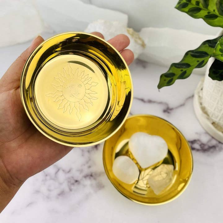 Rock Paradise – wholesale Decorative plate/dish/bowl – Brass Offering Bowls - Engraved - Crystals or Sun and Moon -2