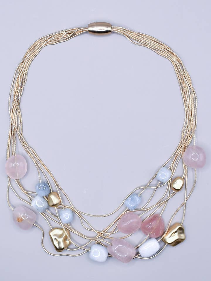 SH58 Akvamarin & Rosenkvarts Med Guldkugler På Guldsnor N for engroshandel hos Sea Lily