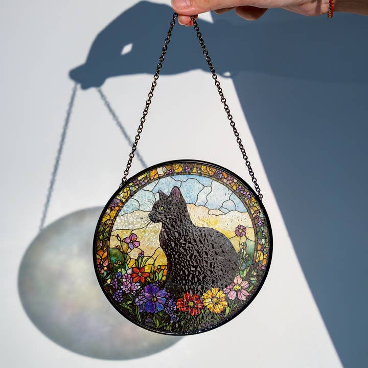NVC Ecommerce LLC - Wholesale Suncatcher - Black Cat Floral Stained Glass Suncatcher, Cat Mom Home Art0