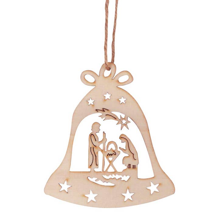 Dicksons - Wholesale Ornament - WOOD BELL ORNAMENT WITH CUTOUT HOLY FAMILY DESIGN