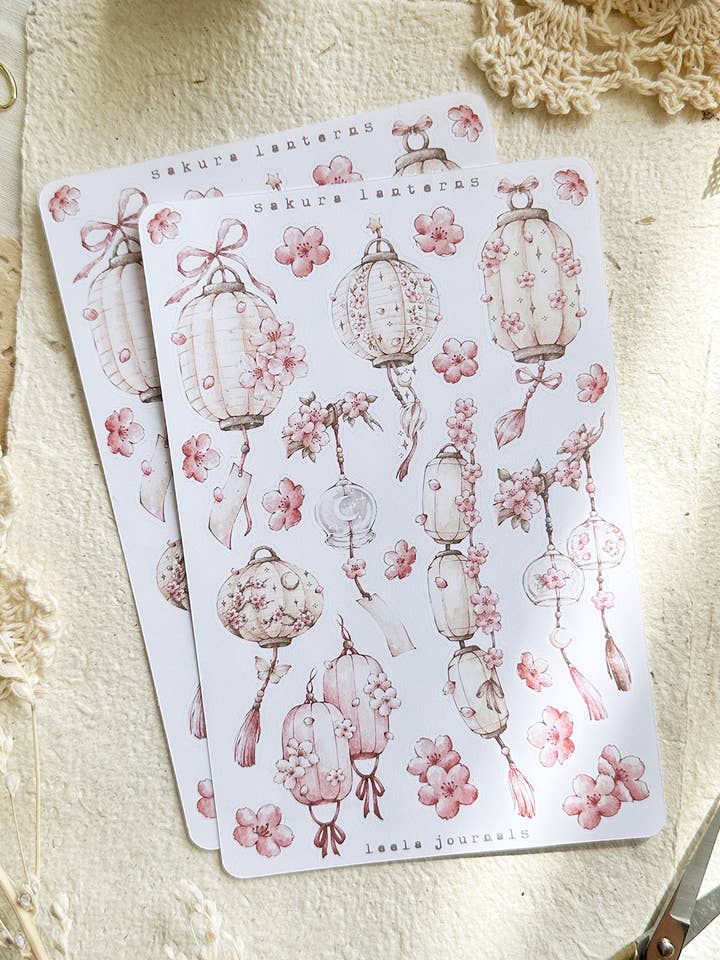 sakura lanterns sticker sheet for wholesale by leelajournals