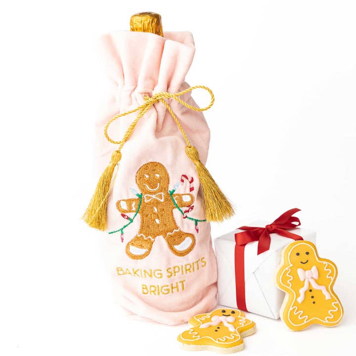 Gingerbread Embroidered Pink Wine Bag for wholesale by 8 Oak Lane