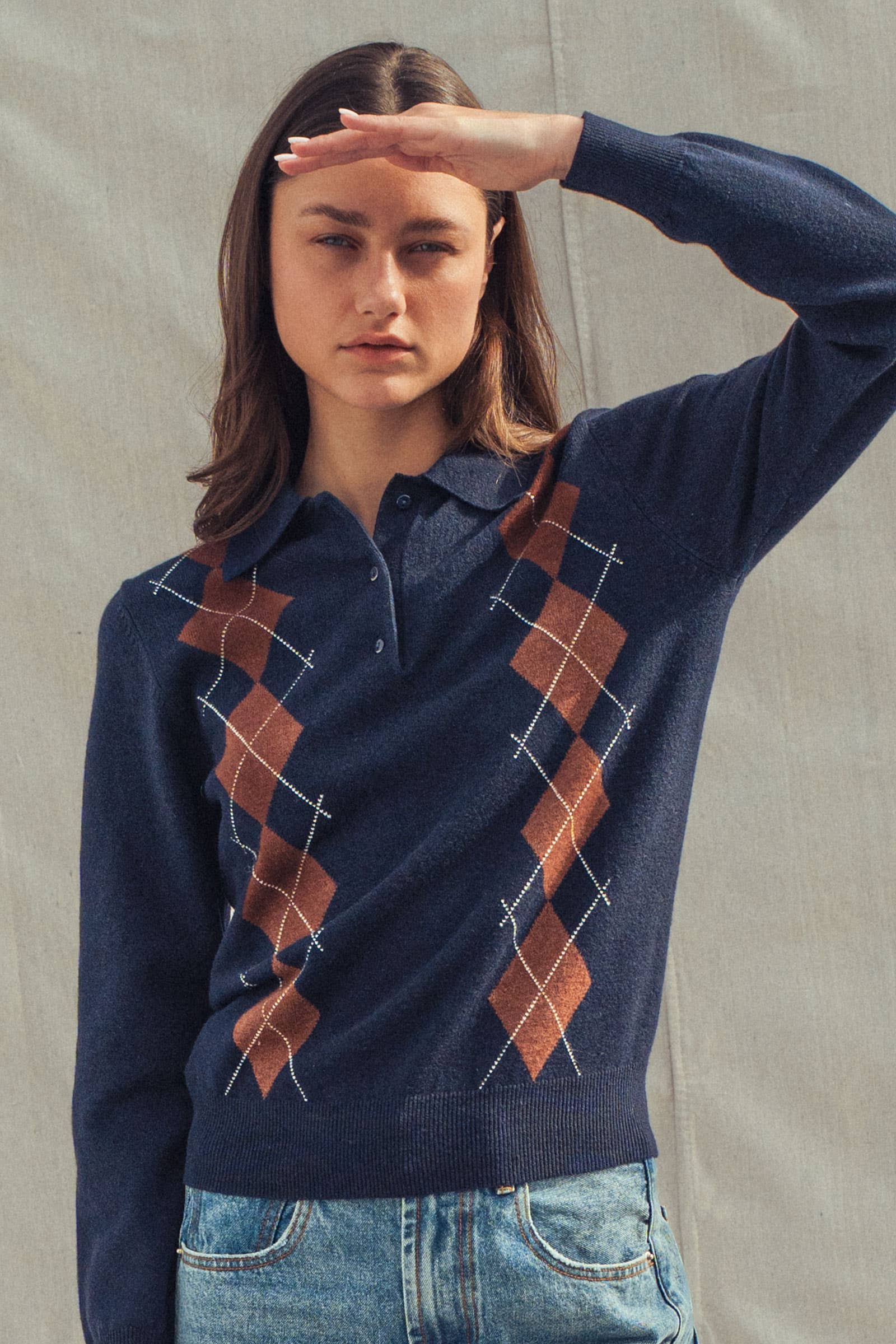 Urban Daizy - Vente Pull en maille – femme - Pull Polo Tricoté à Motif Argyle Classique14