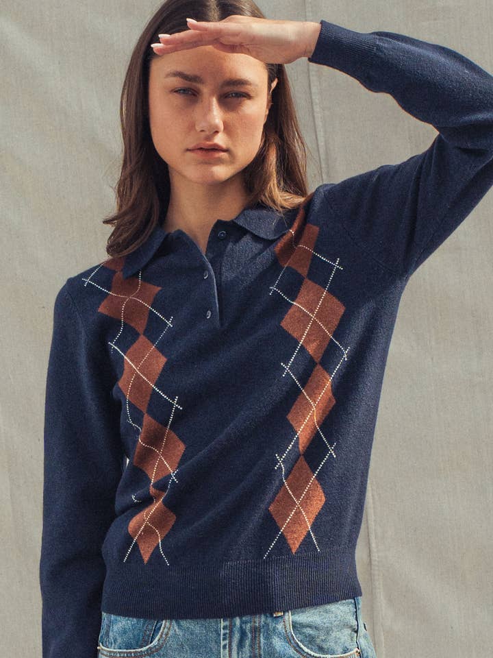 Urban Daizy - Vente Pull en maille – femme - Pull Polo Tricoté à Motif Argyle Classique14