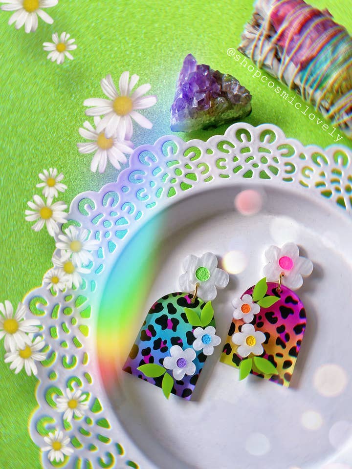 Rainbow Leopard Flower Arch Earrings for wholesale by Cosmic lovely