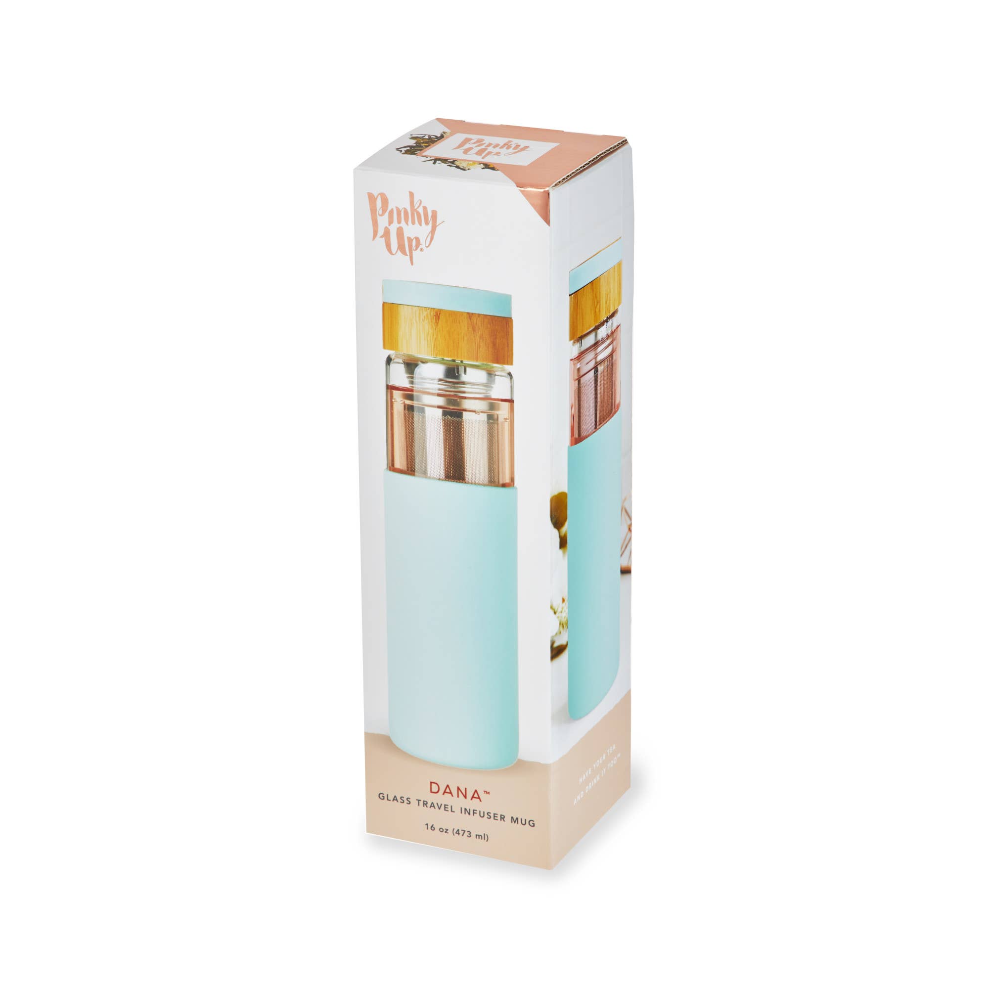 Pinky Up - Wholesale Insulated Mug/Tumbler - Dana™ Glass Travel Mug Infuser and Silicone Sleeve Turquoise1