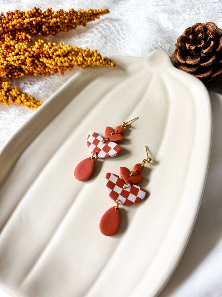 Boho Brown Checkered Dangle - Handmade Polymer Clay Earrings for wholesale by Autumn Cloud Design