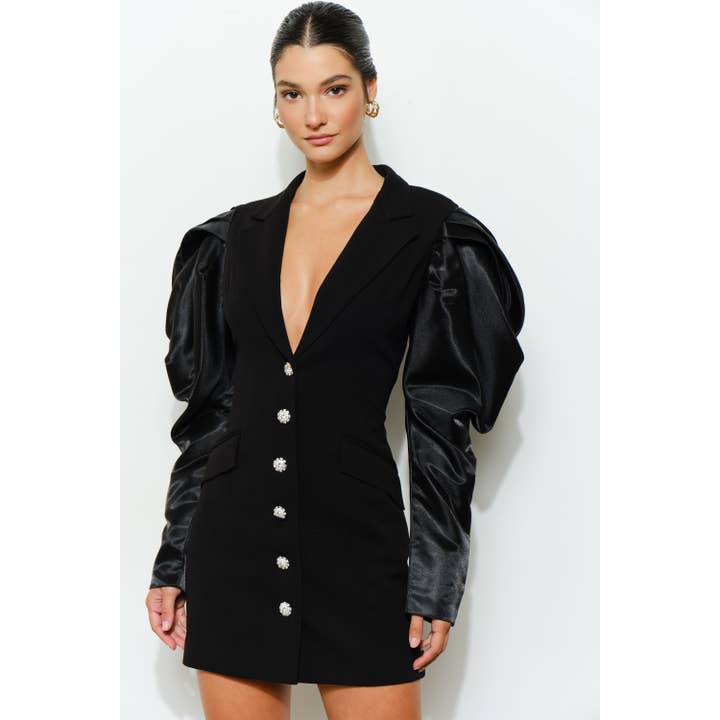 Satin Puff Sleeve Blazer Jewel Button Mini Dress for wholesale by INA