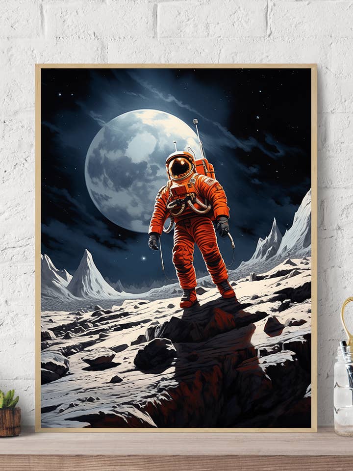 Astronaut Walking on Moon Orange Suit Vægkunsttryk på lærred for engroshandel hos Arttique - Artistry Canvas Prints