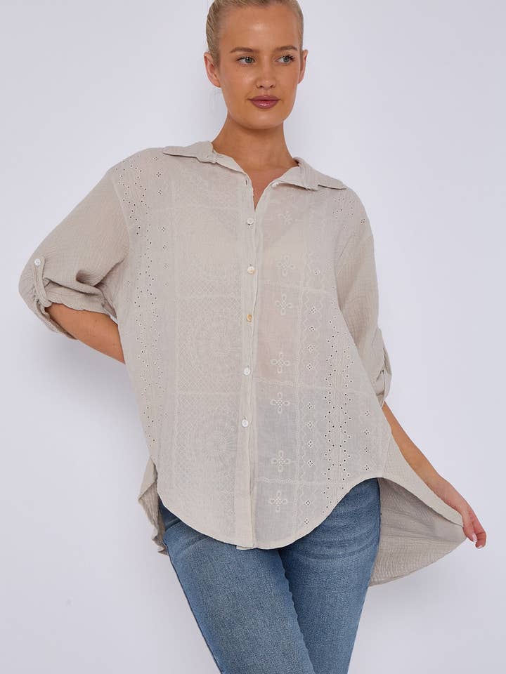 Miss Bold – wholesale Buttoned-down shirt – Women's – Italian Embroidered Cotton Button-Up Tunic Shirt with Rolled Sleeves14