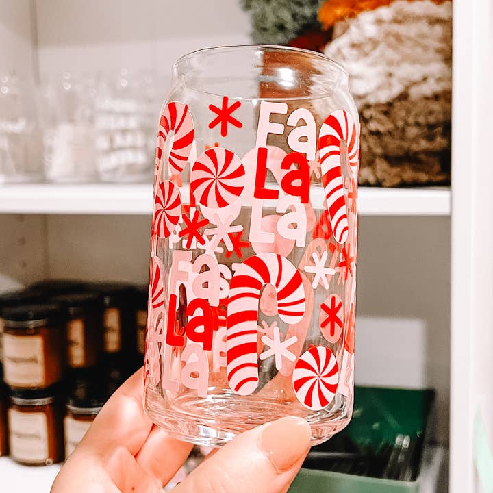 Olivia Jean Boutique - Wholesale Drinking Glass/Cup - Fa La La Peppermint Christmas 16oz Can Glass Cup0