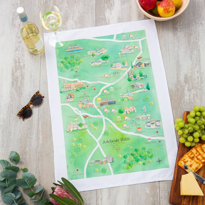 Tea Towel Adelaide Hills 2.0 Wine Region Map for wholesale by Australian Map Gifts