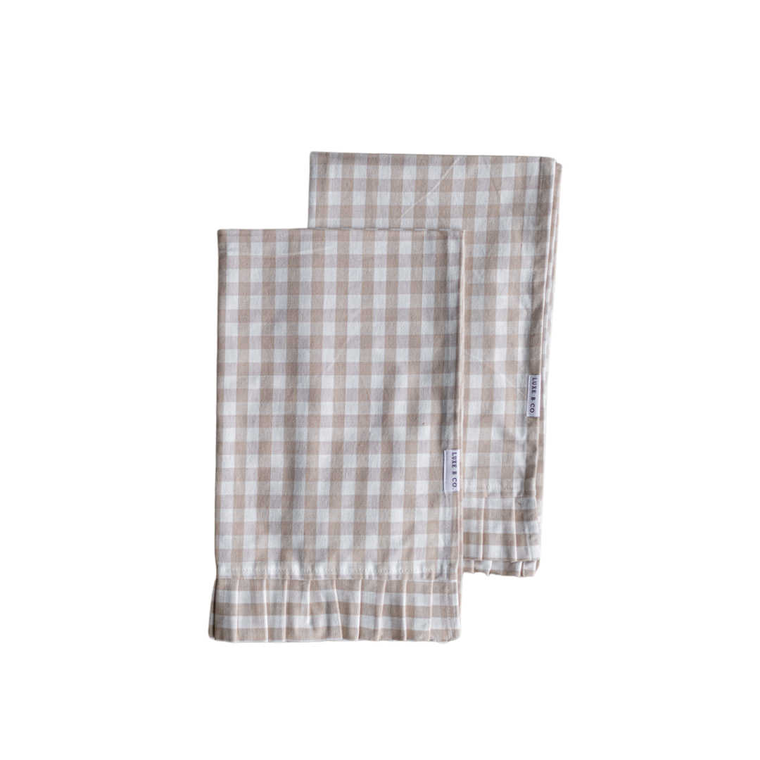 Luxe B Co - Wholesale Tea Towel - Ruffle Beige Gingham Kitchen Dish Towel1