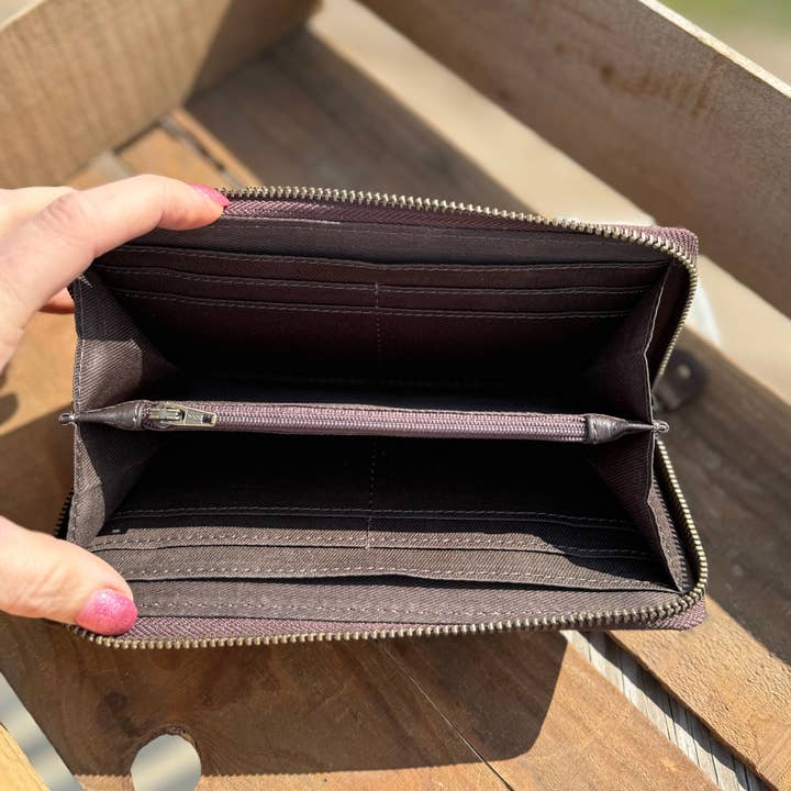 Double B Wild Rags - Wholesale Wallet - Women's - Western Checkbook wallet zipper closure tooled floral leather details by Double B Wild Rags