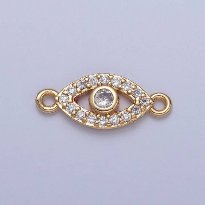 Mini onde øje charms til halskæde armbånd øreringe fremstillingsmaterialer 24K guldfyldt mikro pavé øje charm connector G-932 for engroshandel hos Aim Eternal