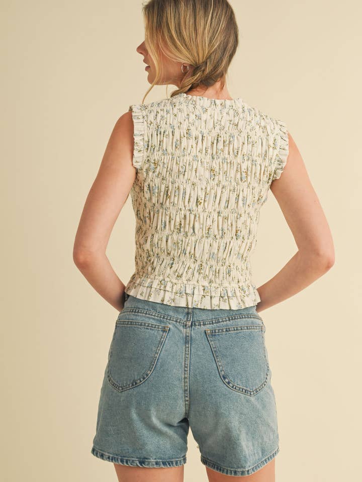 &MERCI - Wholesale Blouse - Women's - SMOCKED RUFFLE TIE FRONT TOP MTP399417