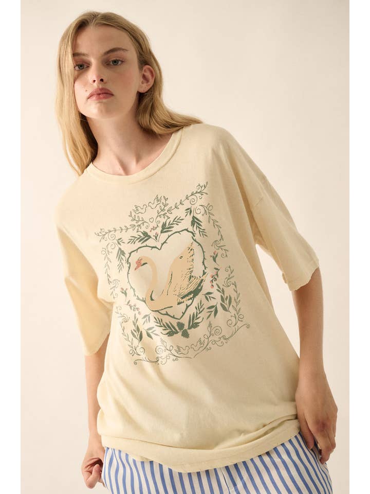 Promesa USA - Wholesale Screen Printed T-Shirt - Women's - Ornate Swan Vintage-Wash Oversize Graphic Tee6