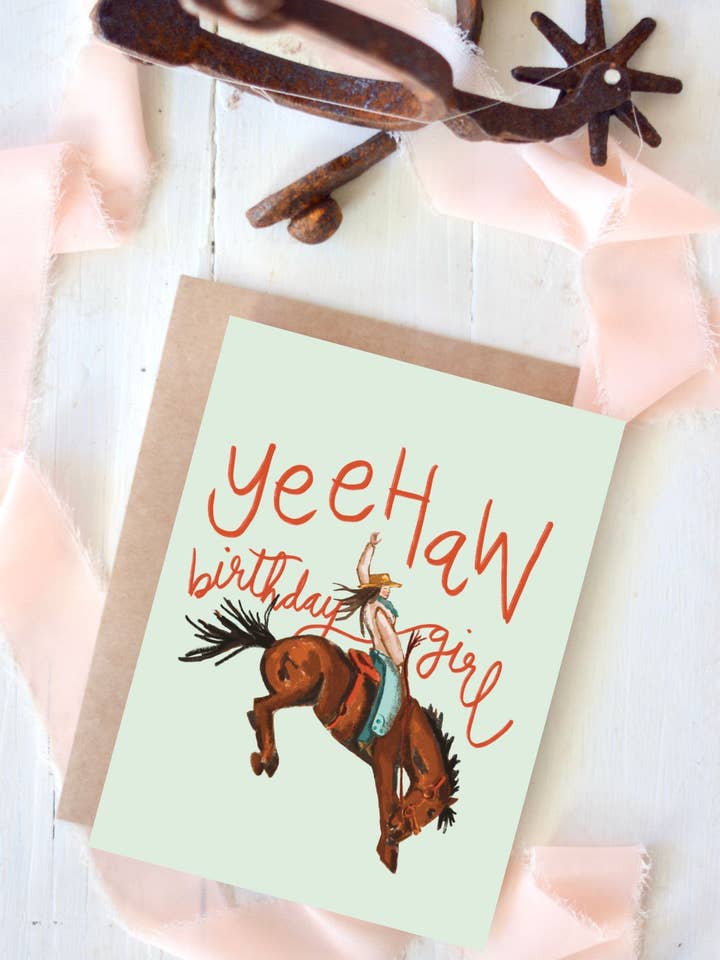 Bucking Bronco Yeehaw Birthday Girl Western Birthday Card for wholesale by Tirzah Lane Art