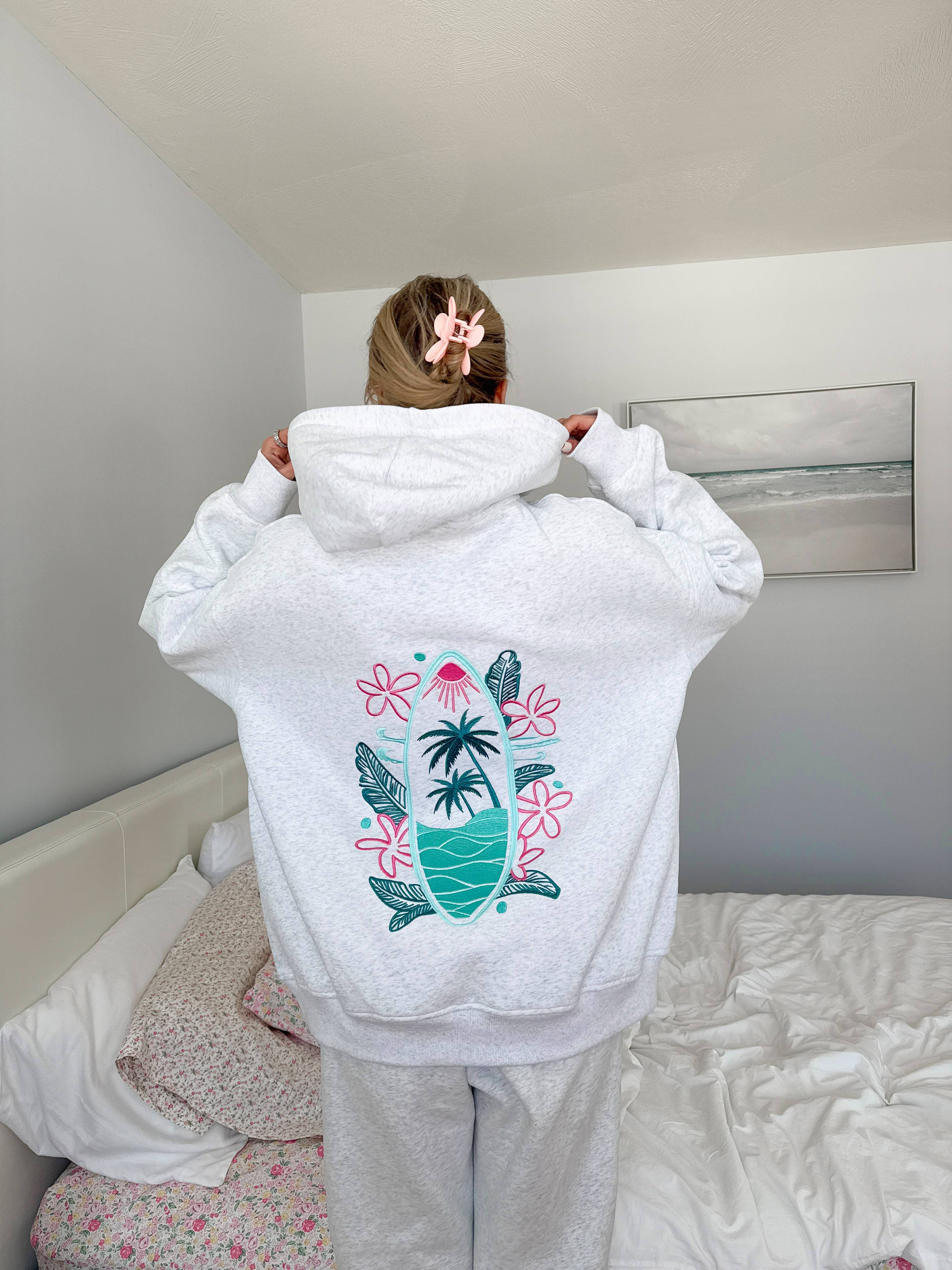 Pearl Grey Surfing The Waves Embroider Hoodie for wholesale on Faire9
