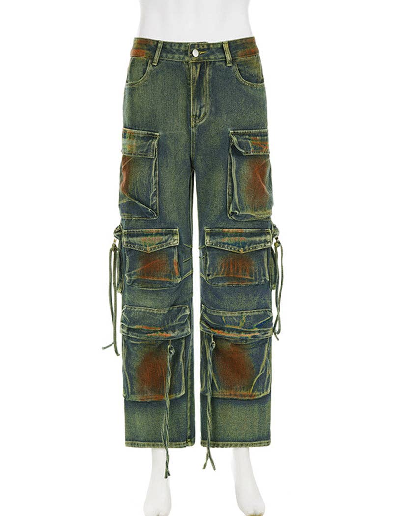 MULTI Pantalon cargo en denim à coupe ample en vente sur Faire0