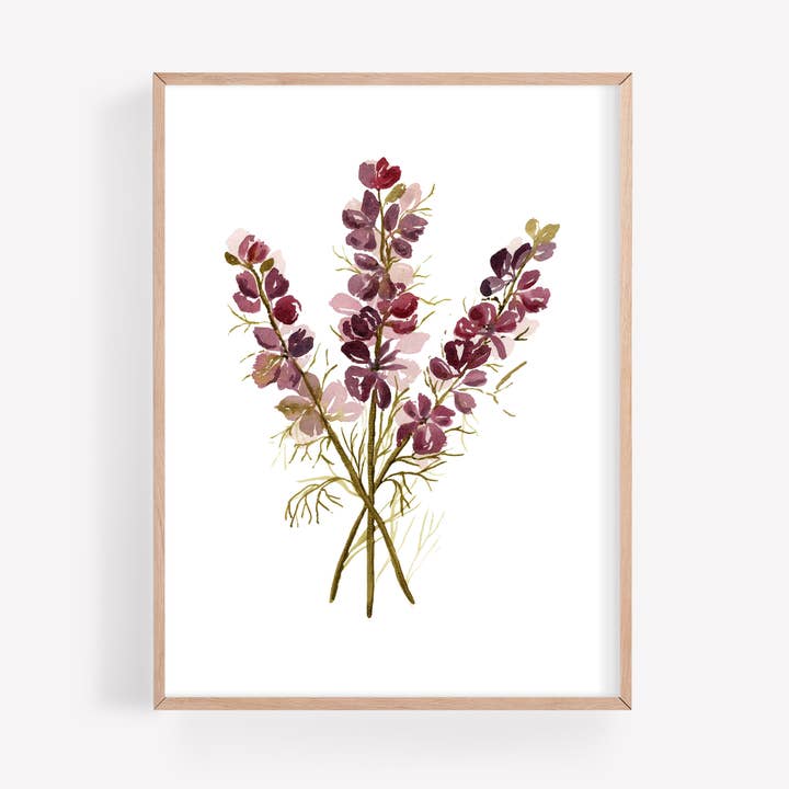 Impression d'art aquarelle au delphinium violet pour la vente par Farmcliff Studio
