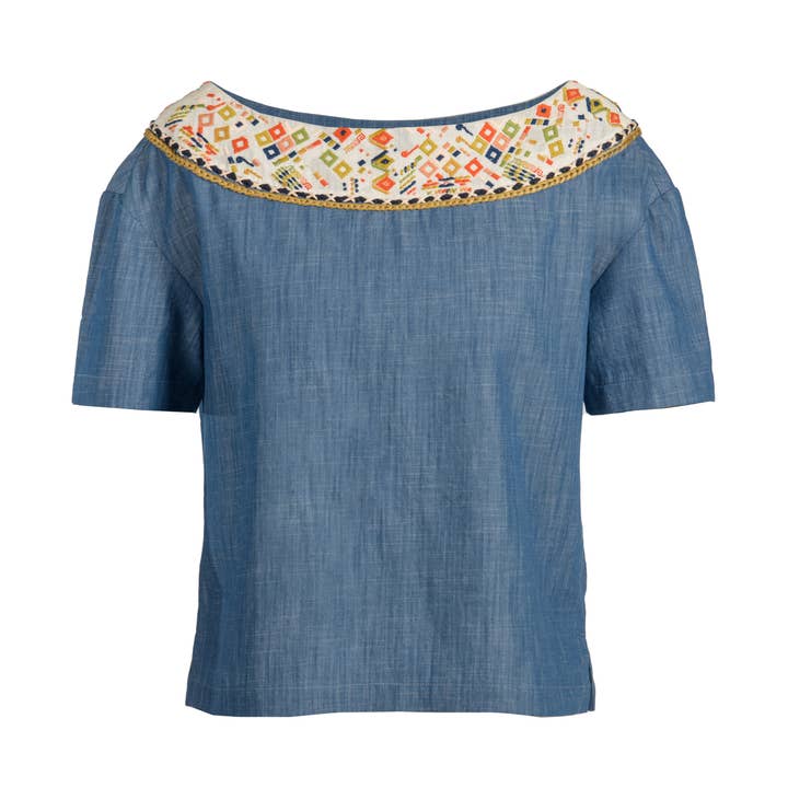 Maya Blouse Embroidered Denim Blouse for wholesale by Souk Indigo