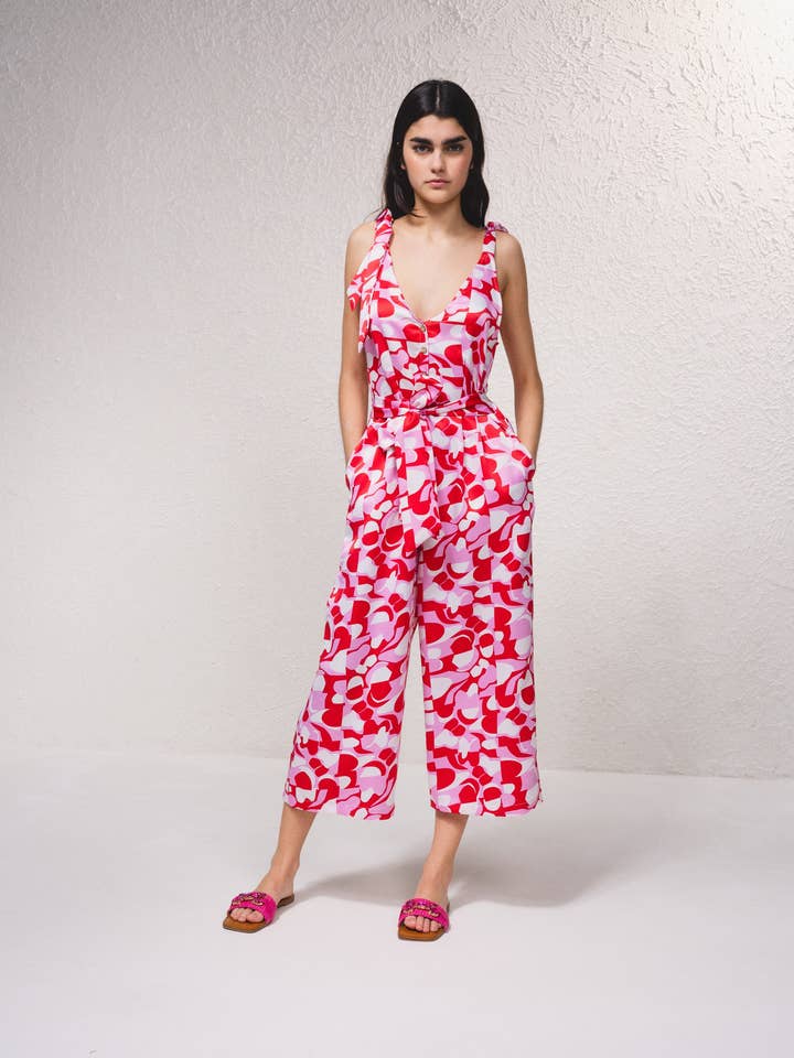 Gedrukte satijnen jumpsuit met strikbandjes voor wholesale door SMF