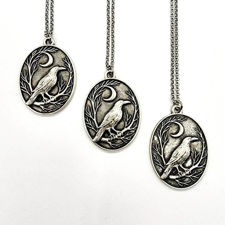 MergingMetals - Wholesale Pendant/Charm Necklace - Raven and Crescent Moon Antique Silver Pendant Necklace