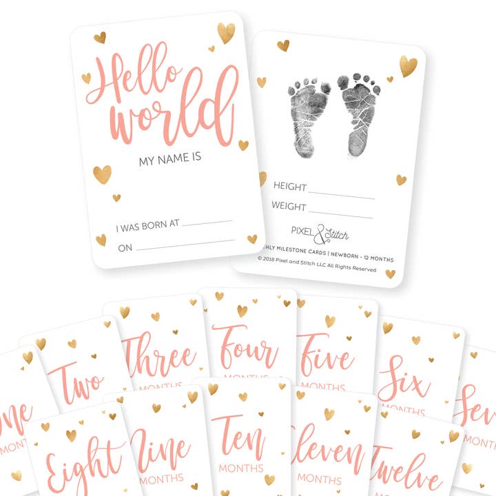 Pink and Gold Heart Monthly Milestone Cards for wholesale by Midwestmod | Pixel + Stitch