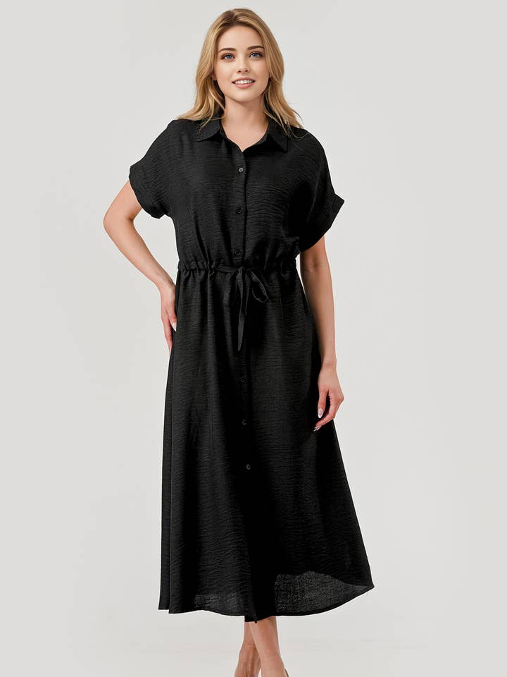 Sofia Drawstring Midi Game Day Dress Black Mbd 9751 for wholesale by Pixi + Ivy