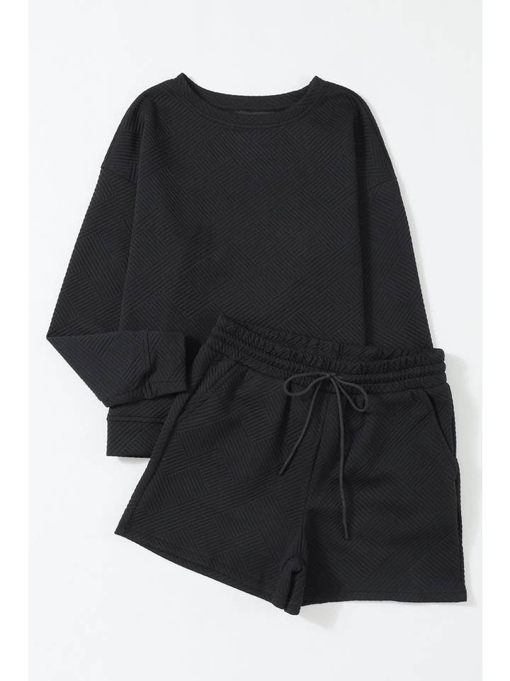 PRETTY BASH - Wholesale Lounge Set - Women's - Textured Long Sleeve Top and Drawstring Shorts Set18