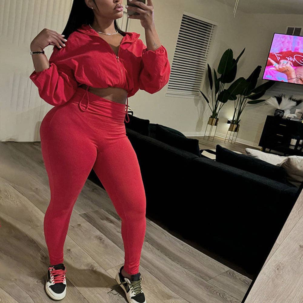 MB Fashion Wholesale - Wholesale Activewear Set - Women's - MB FASHION Zip-Up Crop Jacket & High-Waist Leggings Set 1552LY9