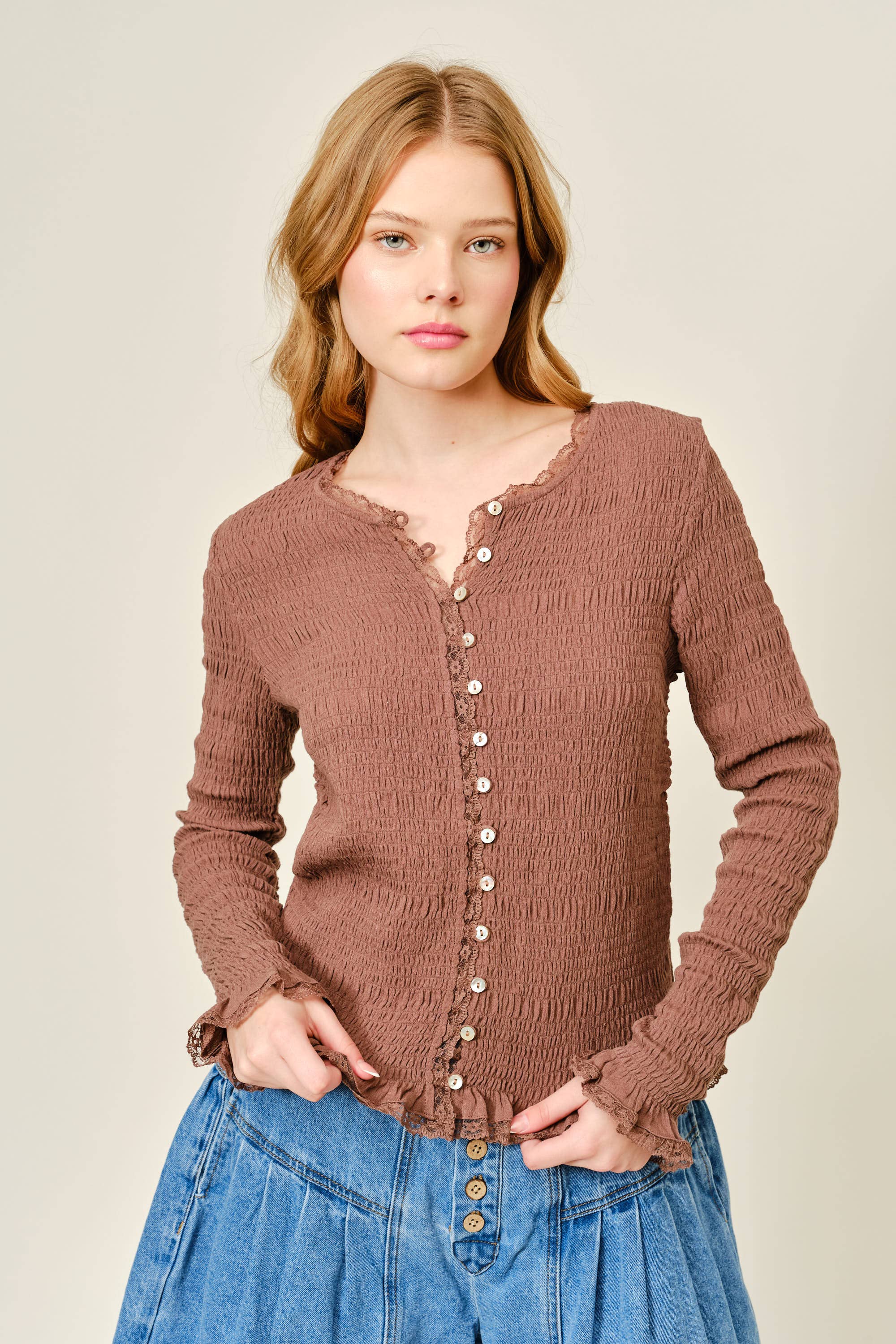 Aaron & Amber - Wholesale Knit Top - Women's - AJT5485 FULL SMOCKED BUTTON DOWN TOP WITH LACE EDGE13