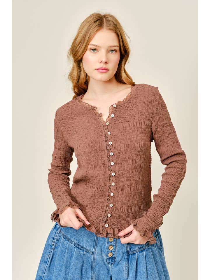 Aaron & Amber - Wholesale Knit Top - Women's - AJT5485 FULL SMOCKED BUTTON DOWN TOP WITH LACE EDGE13