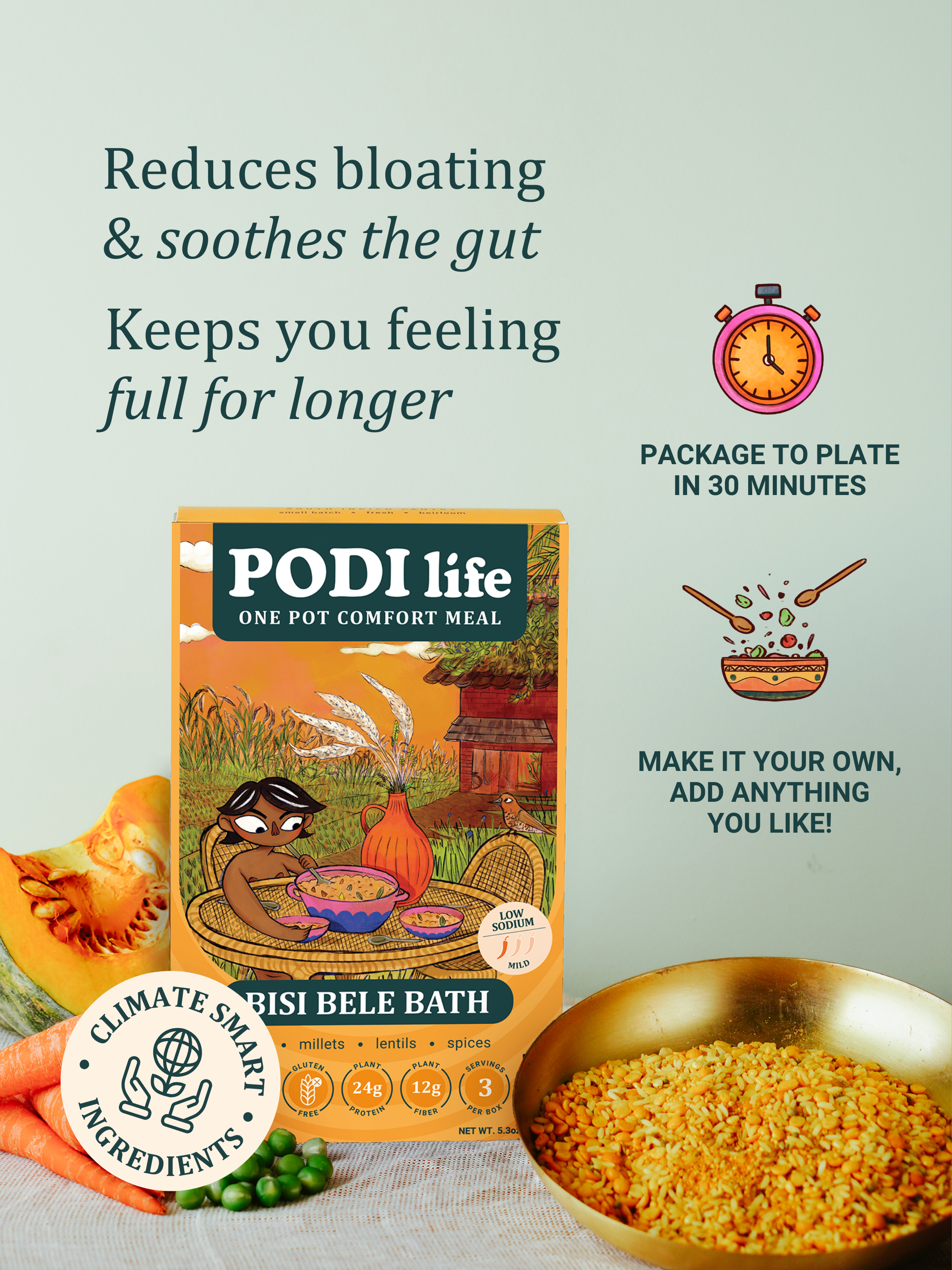 PODI life - South Indian Pantry - Wholesale Shelf Stable Prepared Meal - Bisi Bele Bath: 3 One Pot Meals/box3