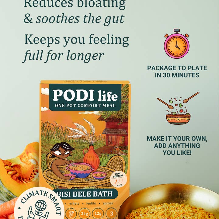 PODI life - South Indian Pantry - Wholesale Shelf Stable Prepared Meal - Bisi Bele Bath: 3 One Pot Meals/box3
