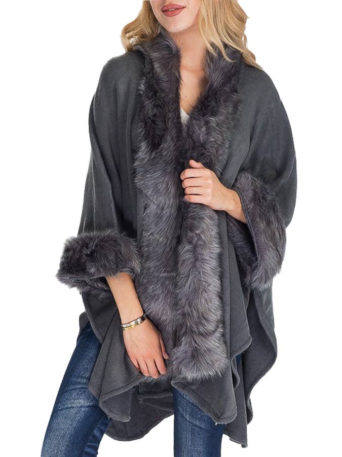 Cap Zone - Wholesale Poncho - Women's - Solid Color Lux Faux Fur Lined Open Silhouette Poncho1
