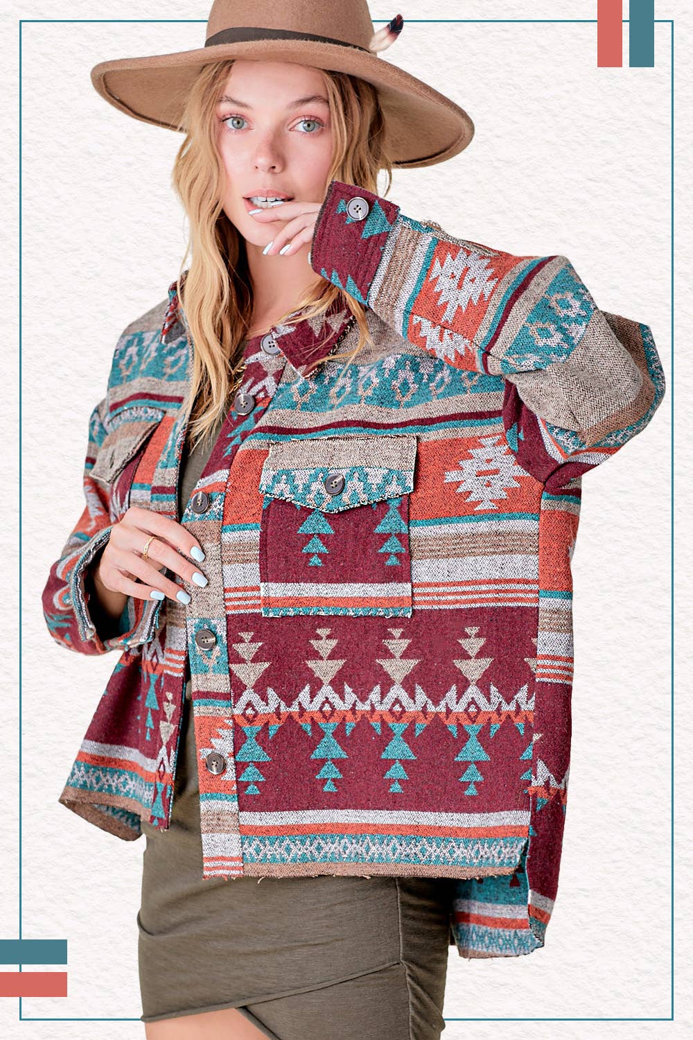 Rust Wine JKT1717-Aztec Pattern Long Sleeve Button Down Jacket for wholesale on Faire2