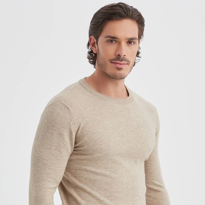 Round neck sweaters "CASHMERE TOUCH" beige for wholesale by Yves Enzo