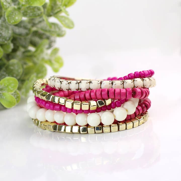 Funky Monkey Fashion - Wholesale Beaded Bracelet - *$3.97 Closeout* Boho Bracelet - Pink & Off-White