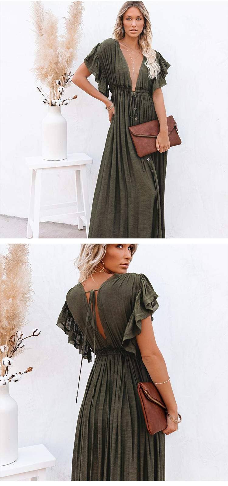 Fashion Combination - Wholesale Dress - Women's - Boho Button-Front Flowy Maxi Dress10