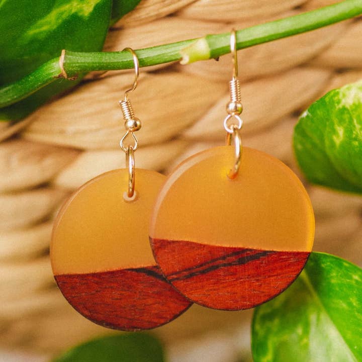 Summer Handcrafted Wood & Yellow Resin Dangle Earrings for wholesale by Wooden Element UK