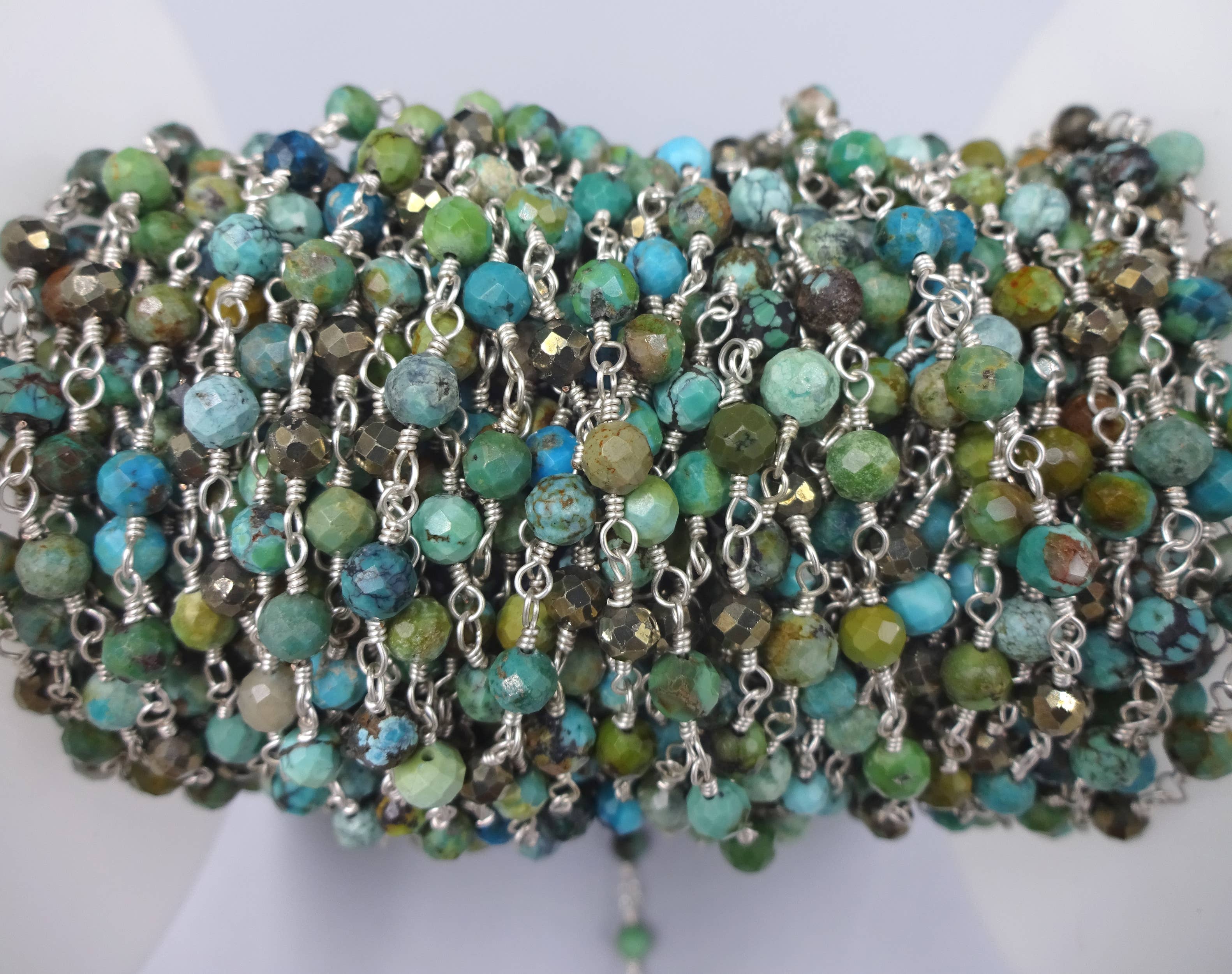IST Jewelry - Wholesale Beaded/Pearl Necklace - 2Ft. 4MM Faceted African Turquoise & Pyrite Wire-Wrapped0