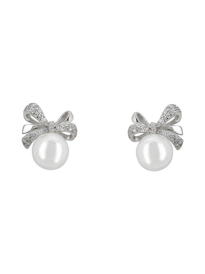 Ribbon Bow Pearl Stud Earrings Zilver voor wholesale door Latelita