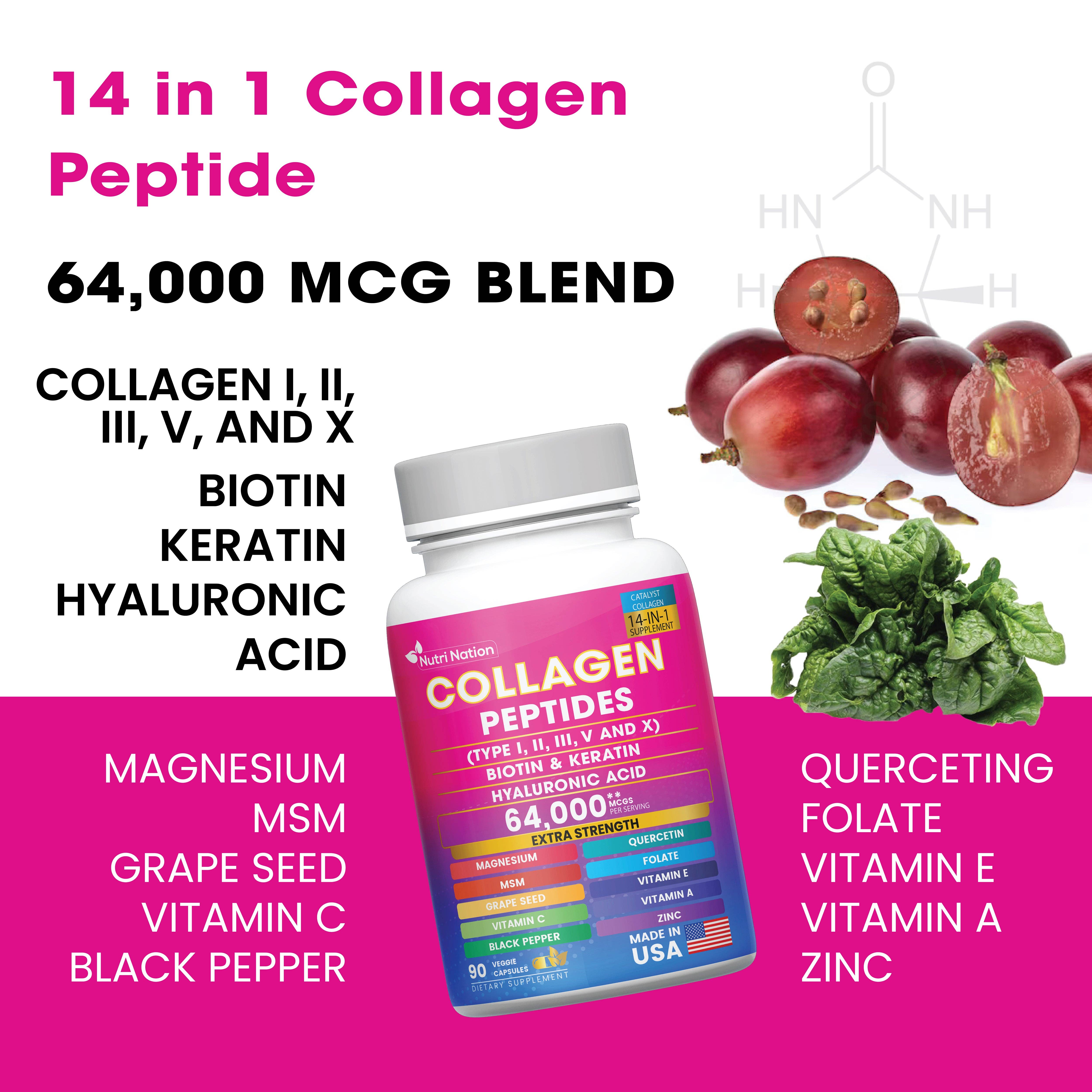 Nutri Nation – Großhandel Nahrungsergänzungsmittel/Vitamin zum Einnehmen – Kollagen-Peptid-Kapseln, Typ I, II, III, V & X Biotin Keratin Hyaluronsäure MSM Vitamin C, E & A, Folsäure Zink Magnesium mit Traubenkernextrakt, Quercetin (90 Kapseln)2