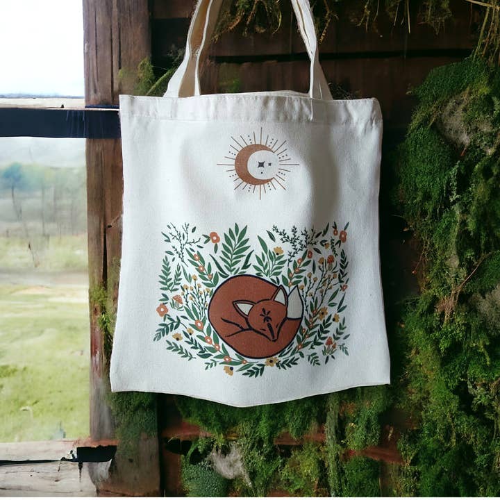 Foxy Method - Wholesale Tote Bag - Women's - Eco Friendly Whimsical Cottagecore Fox Floral Tote Bag