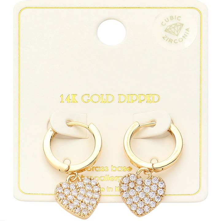 Wona Trading, Inc. - Wholesale Huggie Earrings - 14K Gold CZ Stone Radiant Heart Swing Dangle Huggie Earrings