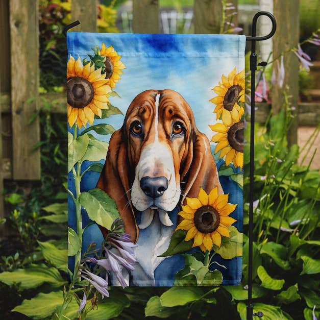 Caroline's Treasures - Vente Drapeaux - Drapeau de jardin Basset Hound in Sunflowers DAC60170