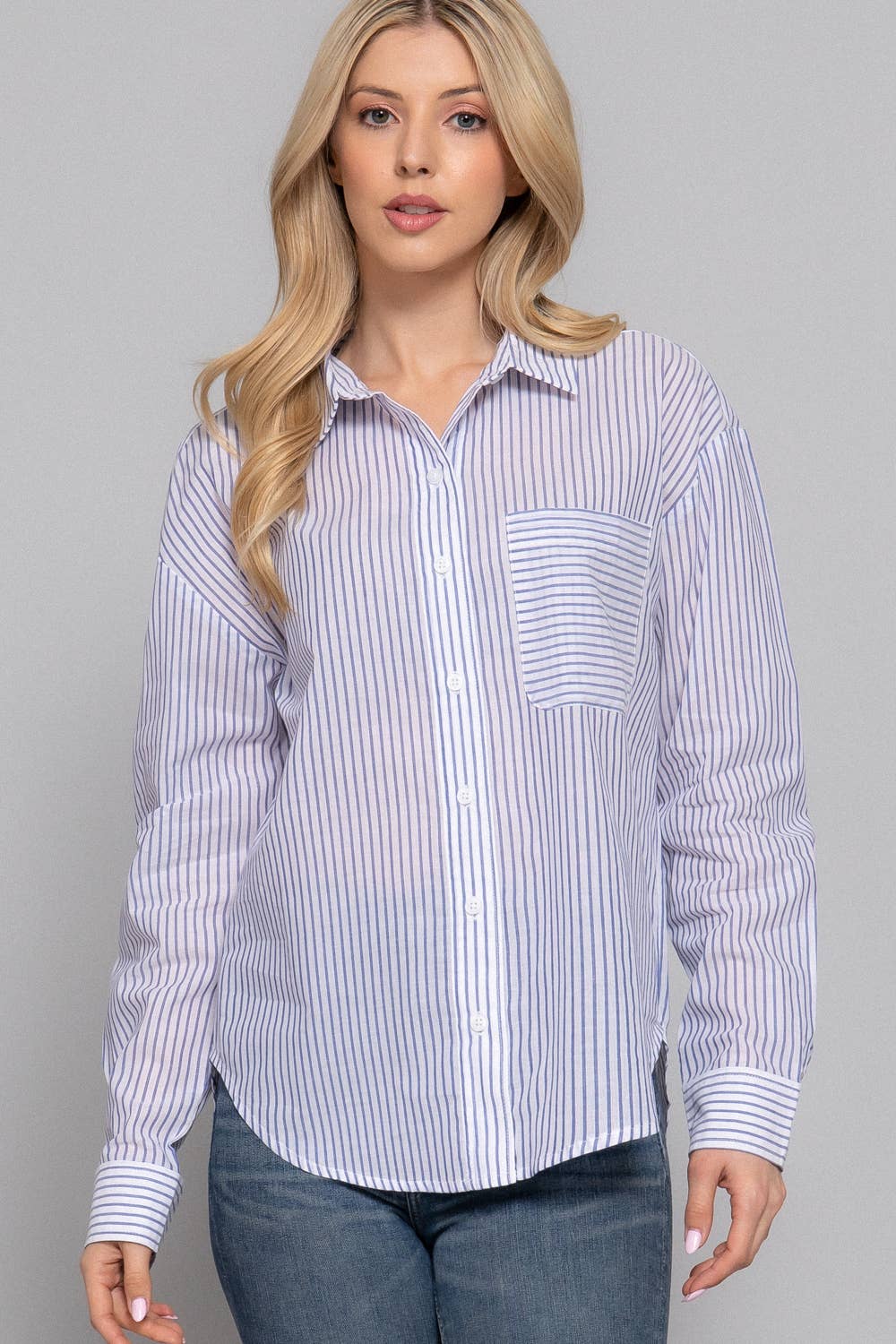 Active Basic | Active USA - Wholesale Button Down Shirt - Women's - Long Sleeve Y/D Stripe Voile Shirt8
